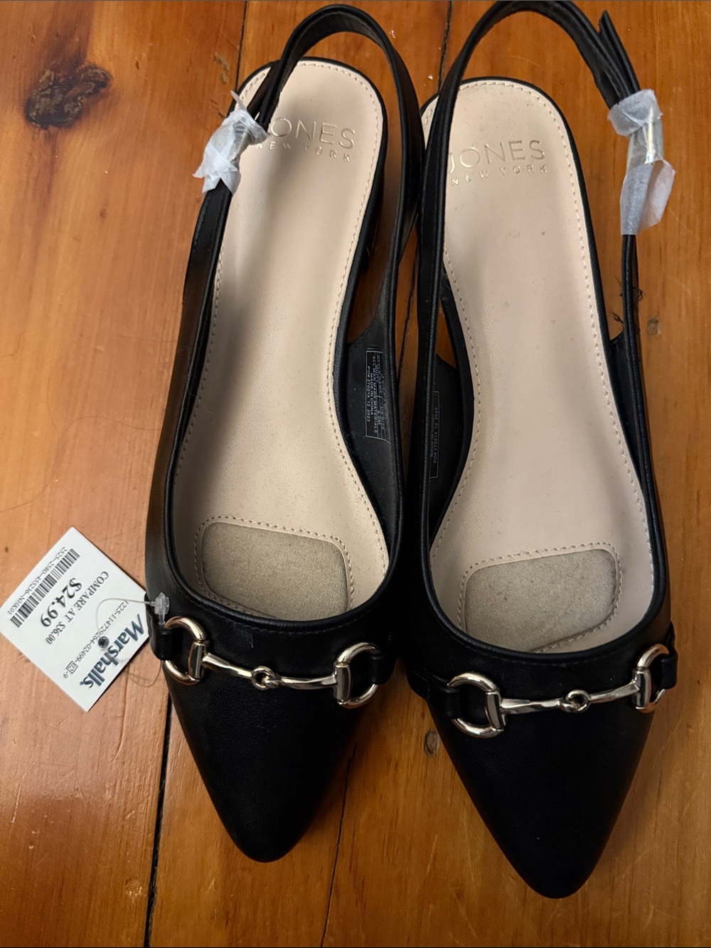 Jones New York Black Pointed-Toe Slingback Flats with Gold Bit
